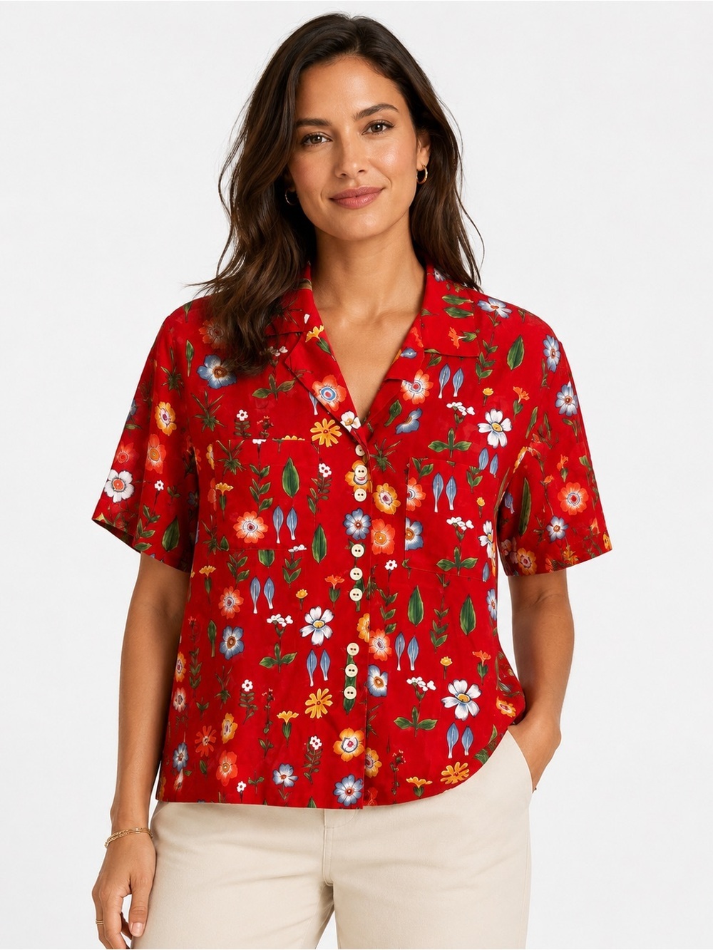 Vintage 90’s Geiger Austria NWT Red Floral Cotton Button Blouse Size 38/US 8